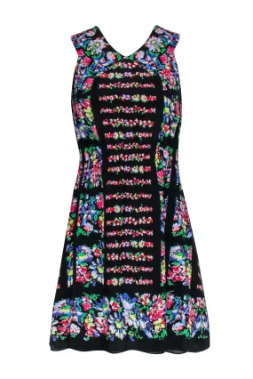 Anna Sui - Black & Multi Color Floral Print Silk Dress Sz 2