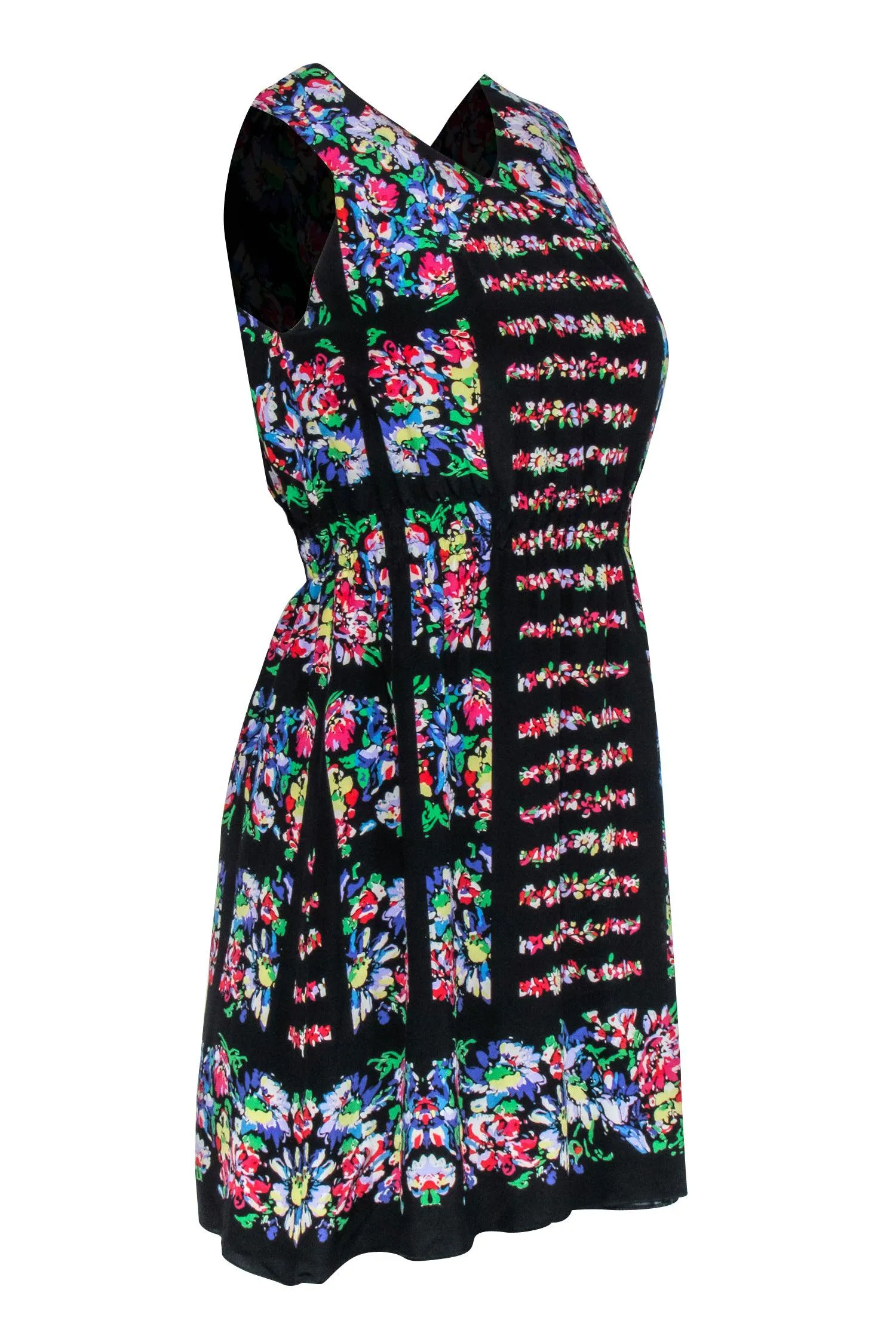 Anna Sui - Black & Multi Color Floral Print Silk Dress Sz 2