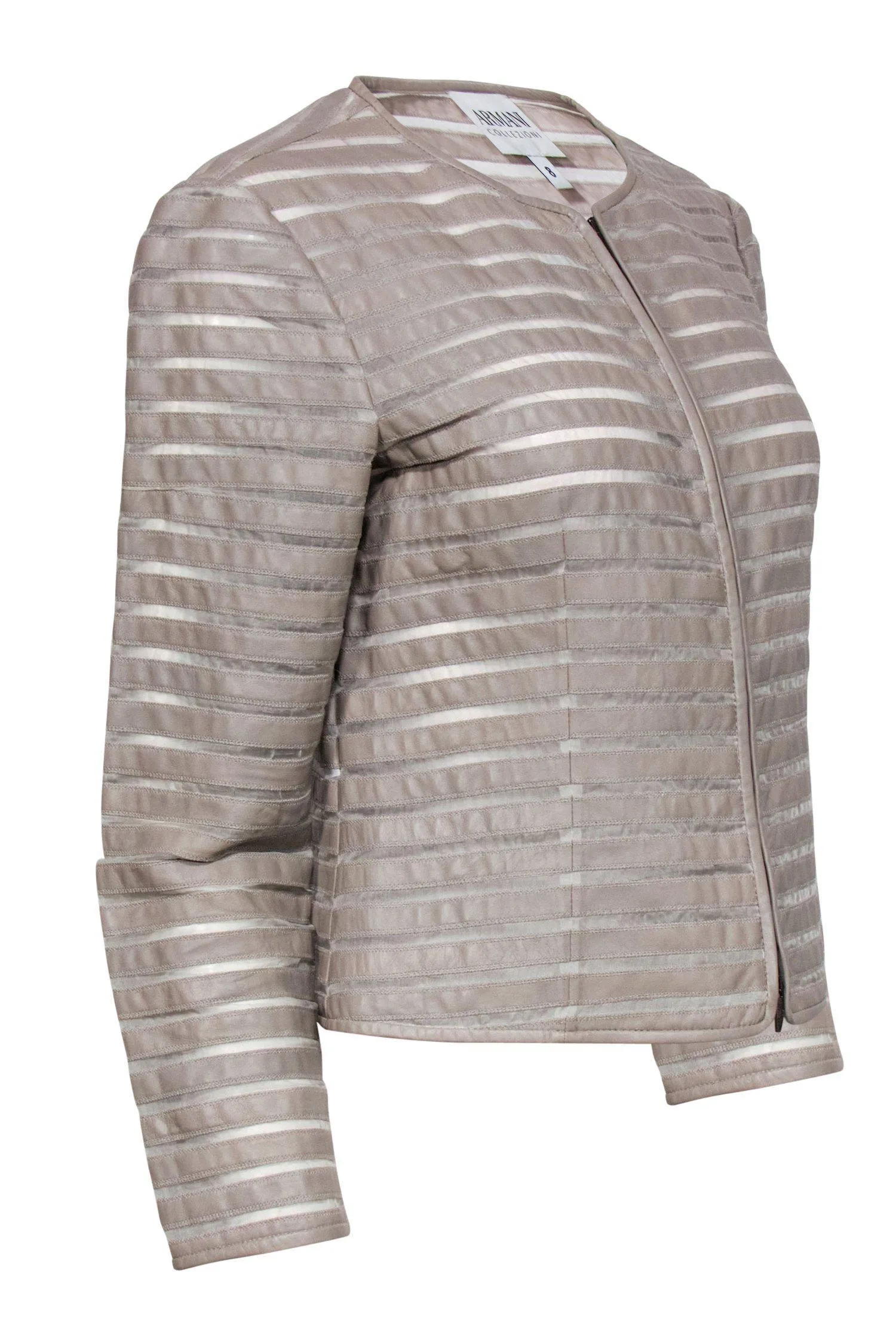 Armani Collezioni - Taupe Leather & Silk Striped Zip-Up Jacket Sz 8