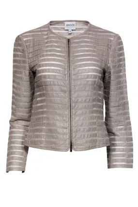 Armani Collezioni - Taupe Leather & Silk Striped Zip-Up Jacket Sz 8