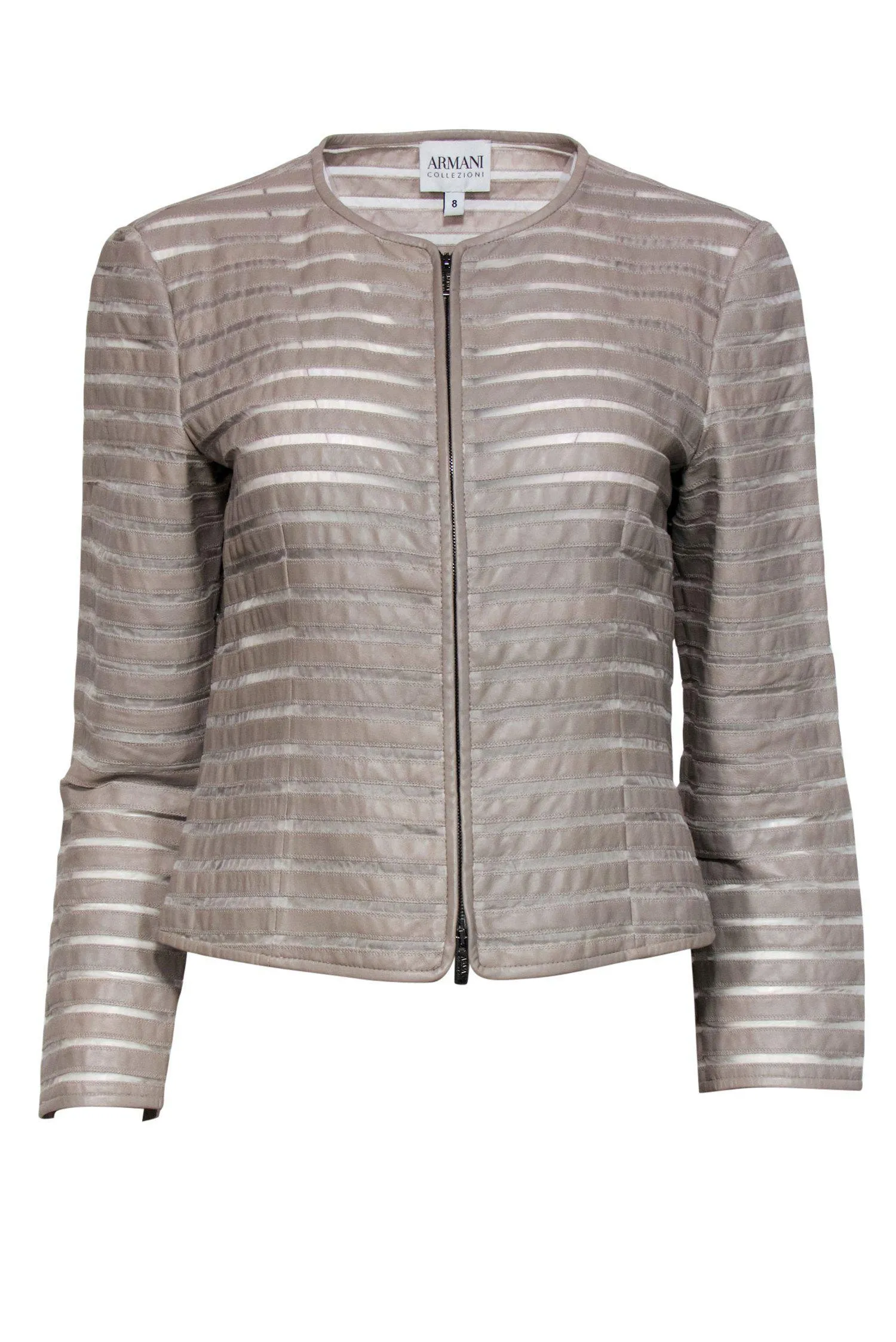 Armani Collezioni - Taupe Leather & Silk Striped Zip-Up Jacket Sz 8