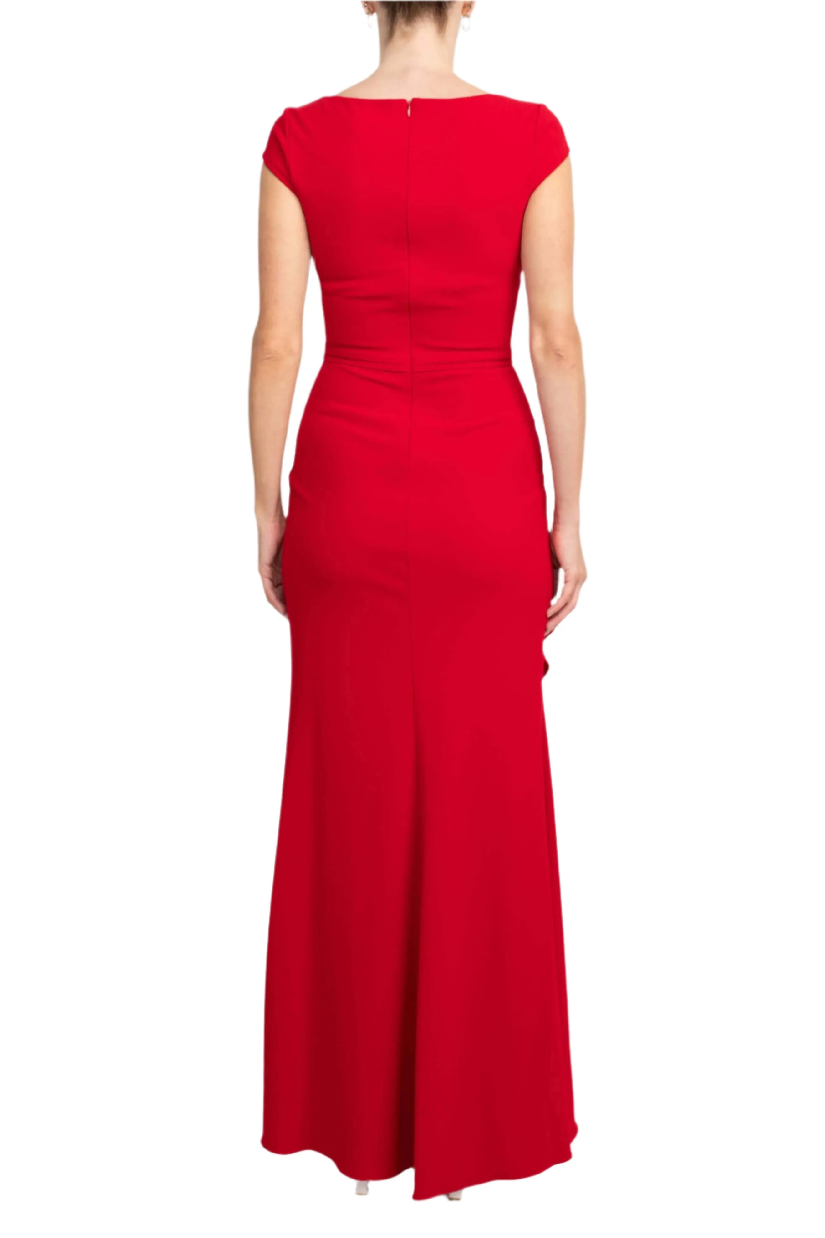 Betsey and Adam Asymmetrical Neck Cap Sleeve Flutter Side Slit Side Zipper Back Solid Scuba Dress