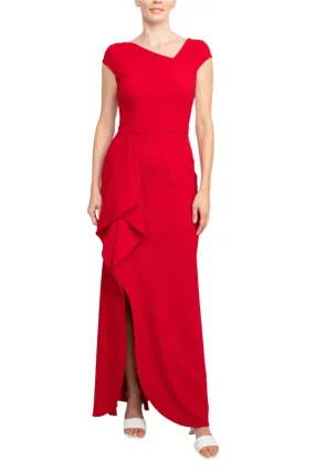 Betsey and Adam Asymmetrical Neck Cap Sleeve Flutter Side Slit Side Zipper Back Solid Scuba Dress