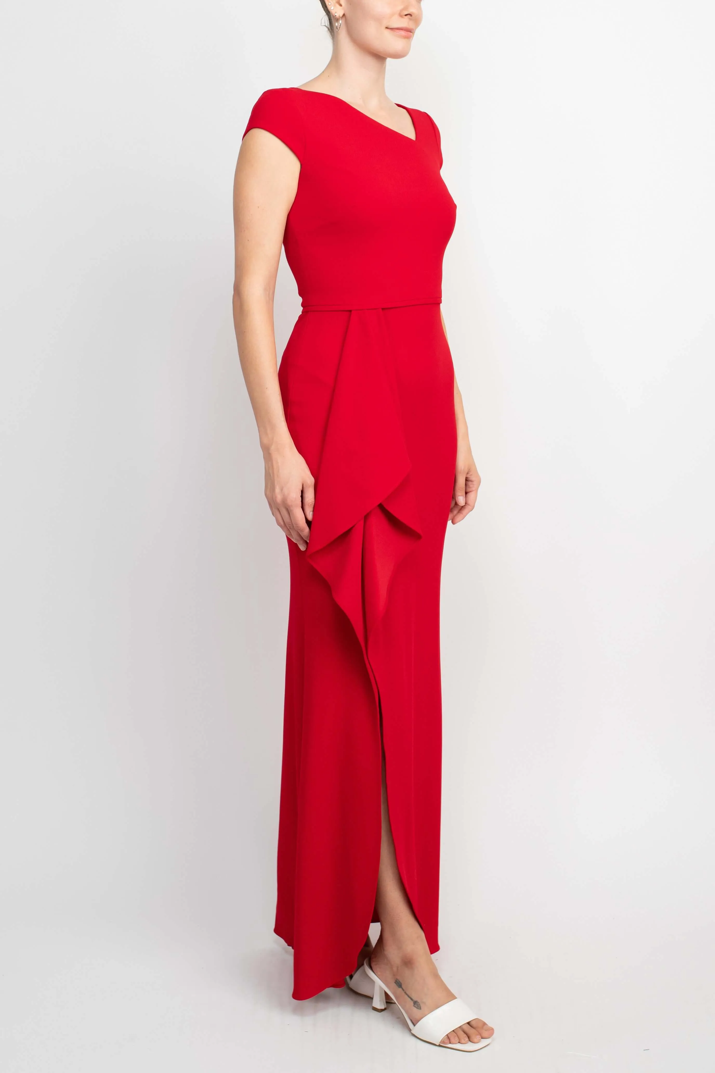 Betsey and Adam Asymmetrical Neck Cap Sleeve Flutter Side Slit Side Zipper Back Solid Scuba Dress