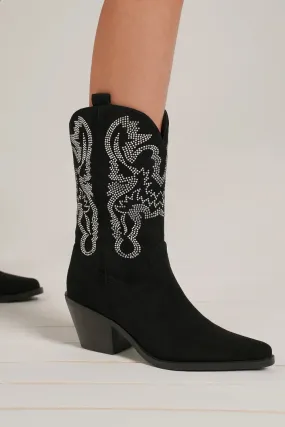 Black Rhinestone Detail Point Toe Boots