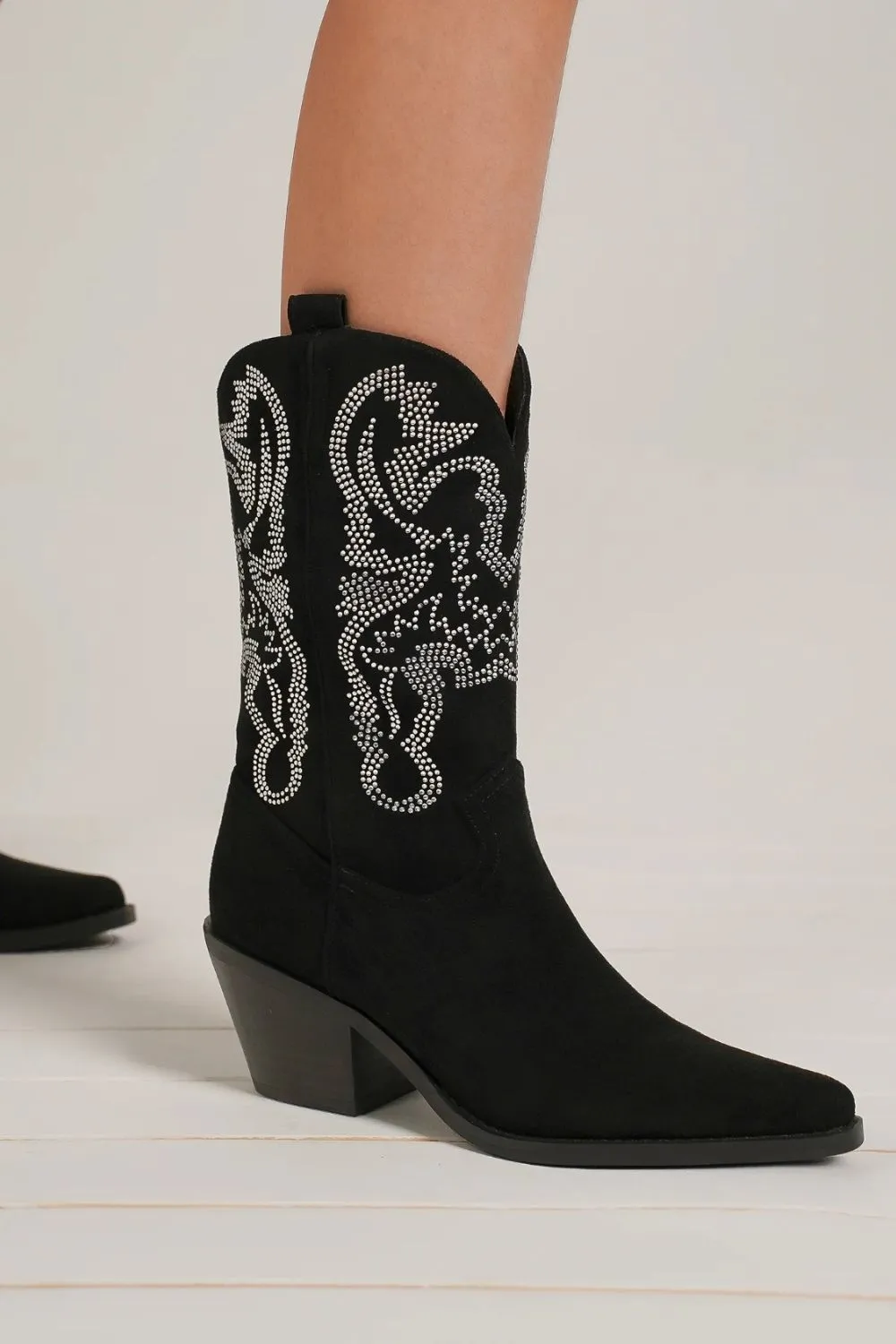 Black Rhinestone Detail Point Toe Boots