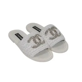 CHANEL CC CRYSTAL LOGO RAFFIA STRASS SANDALS MULES