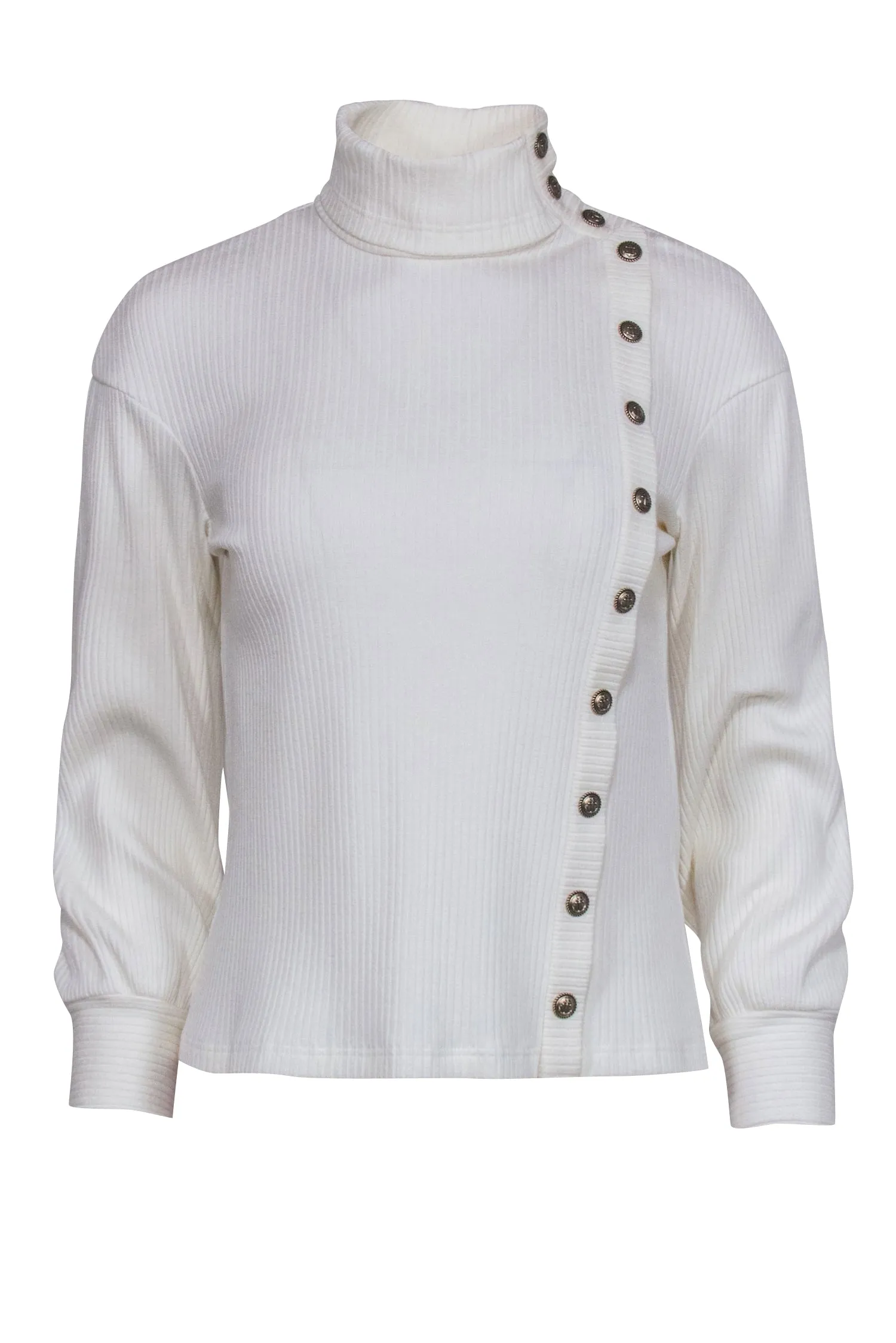 Chanel  Ivory Ribbed Knit Long Sleeve Side Button Top Sz 4