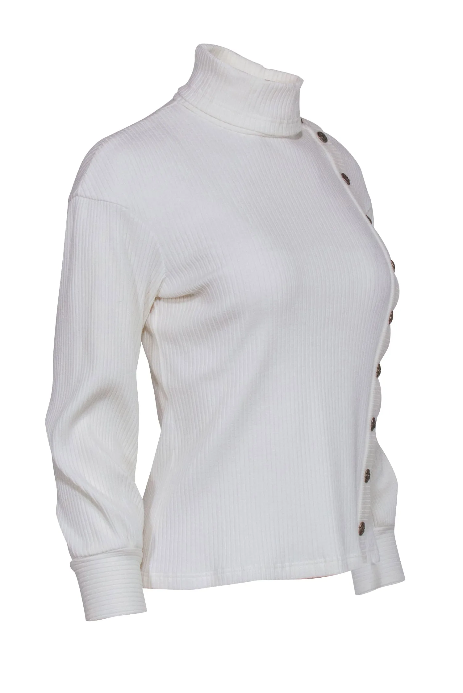 Chanel  Ivory Ribbed Knit Long Sleeve Side Button Top Sz 4