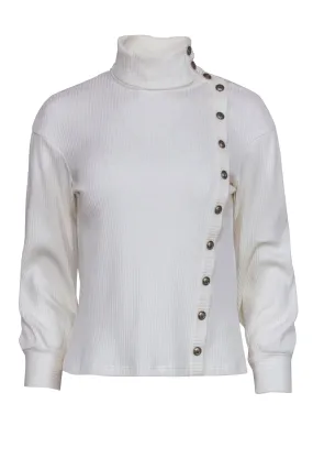 Chanel  Ivory Ribbed Knit Long Sleeve Side Button Top Sz 4