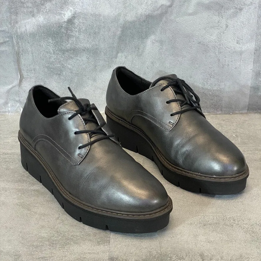 CLARKS Women's Wide Gunmetal Leather Airabell Tye Lace-Up Wedge Loafers SZ 10W
