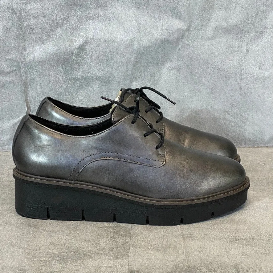 CLARKS Women's Wide Gunmetal Leather Airabell Tye Lace-Up Wedge Loafers SZ 10W