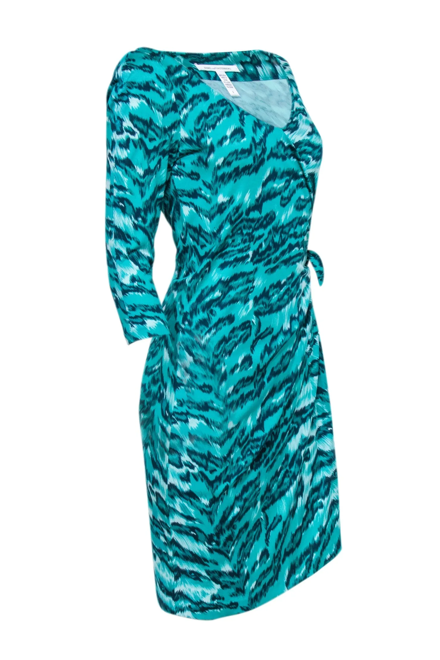 Diane von Furstenberg - Bright Green & Teal Tiger Print Silk Dress Sz 6