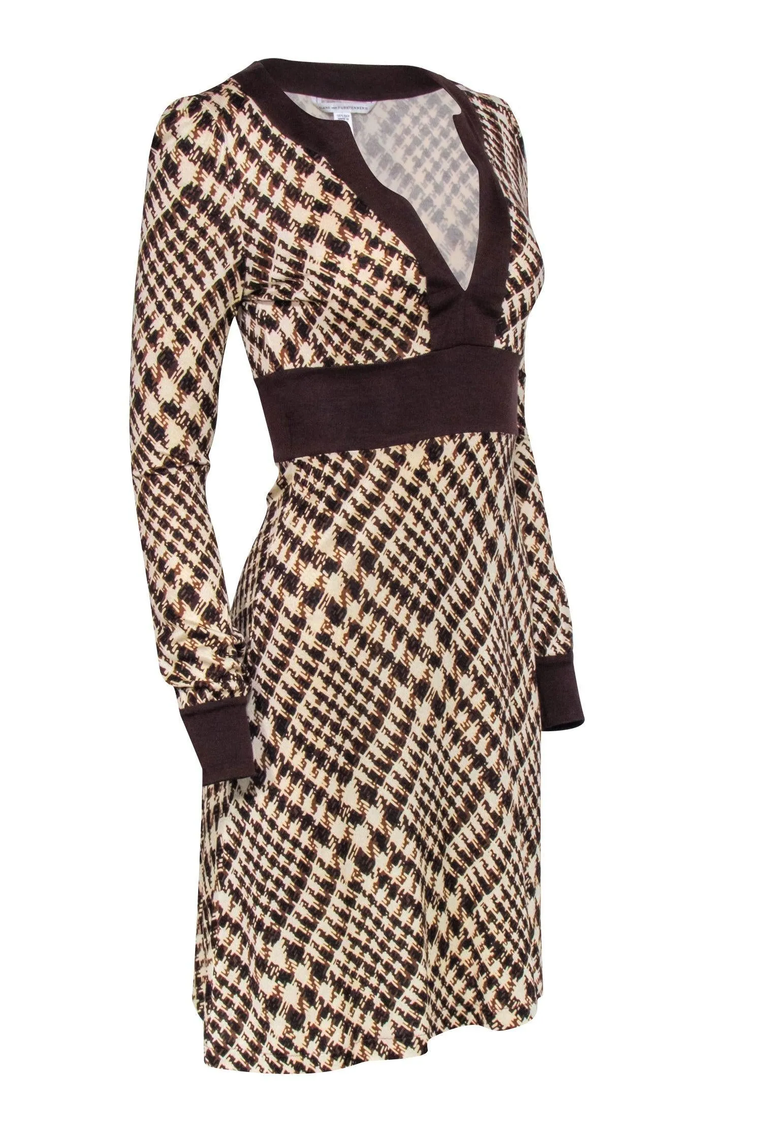 Diane Von Furstenberg - Brown Plaid Silk Long Sleeve Dress Sz 4