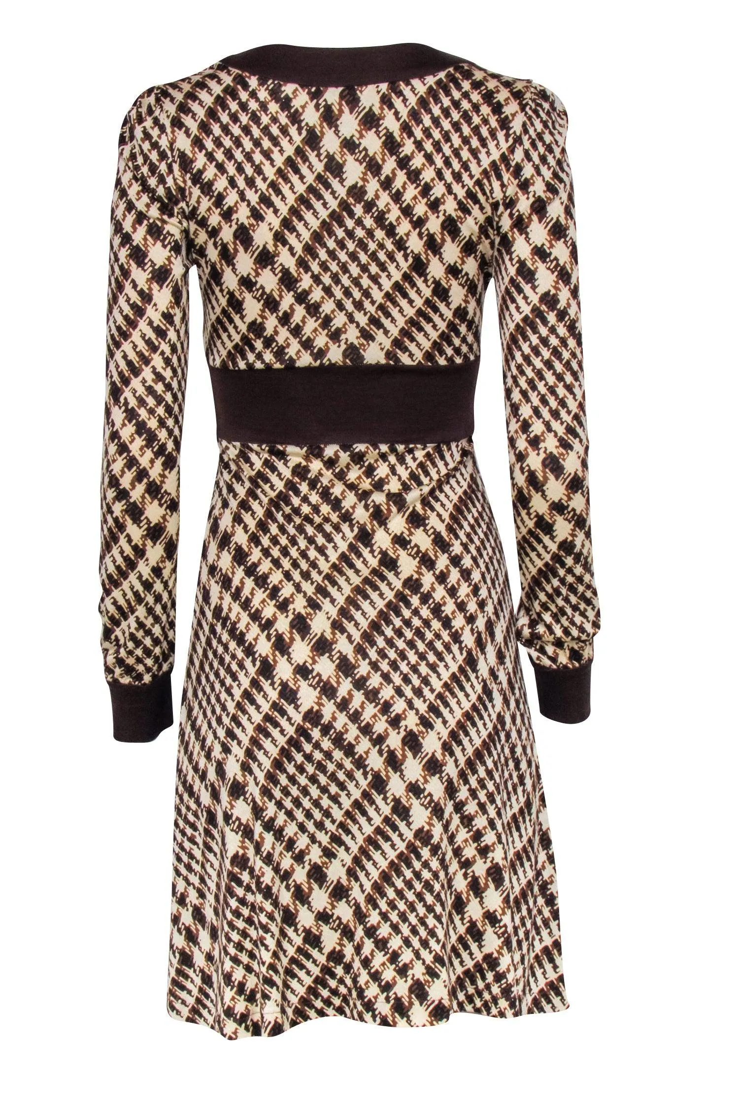 Diane Von Furstenberg - Brown Plaid Silk Long Sleeve Dress Sz 4