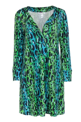Diane von Furstenberg - Green & Blue Ombre Leopard Print Dress Sz 12