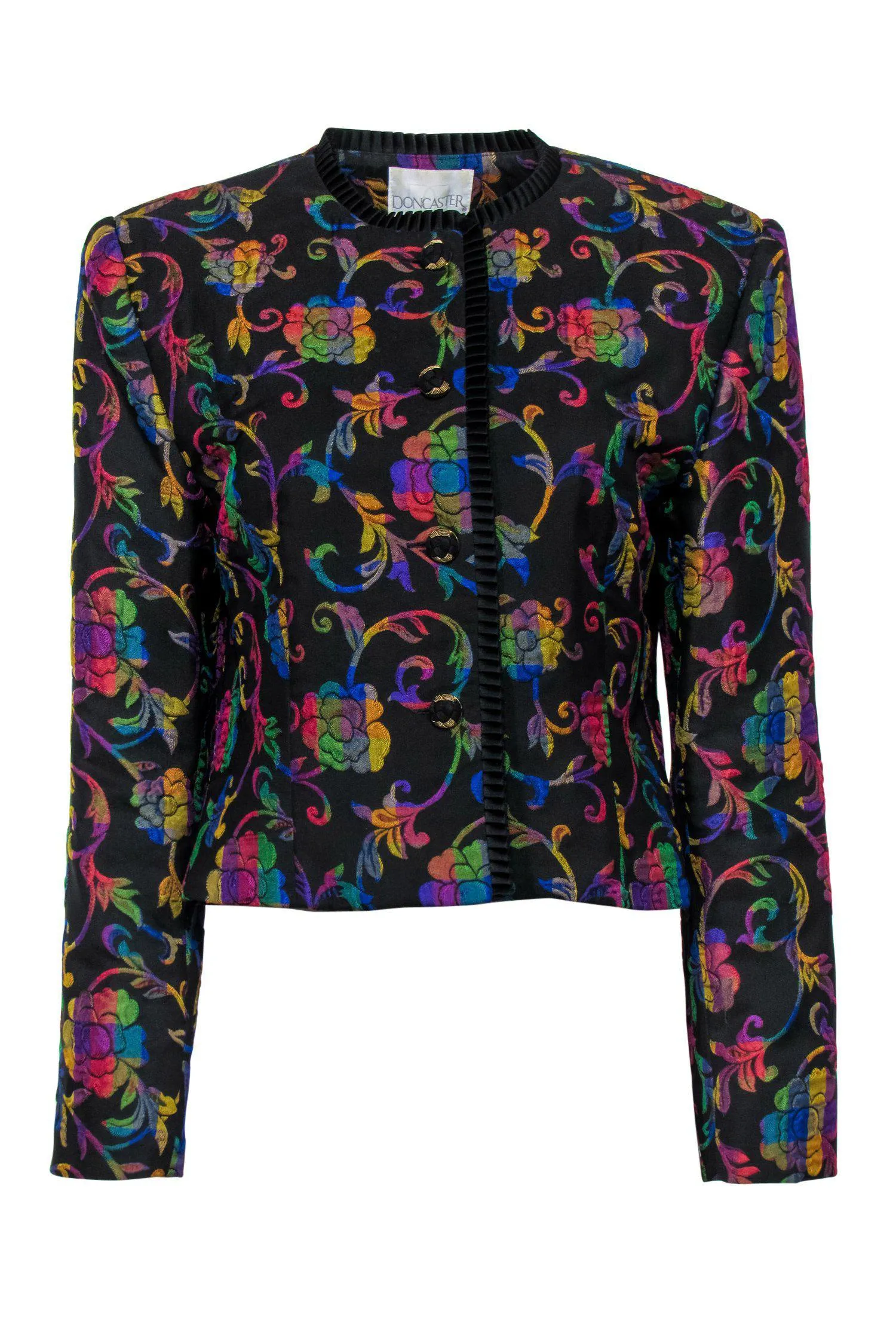 Doncaster - Black & Multicolored Textured Floral Print Cropped Jacket Sz 8