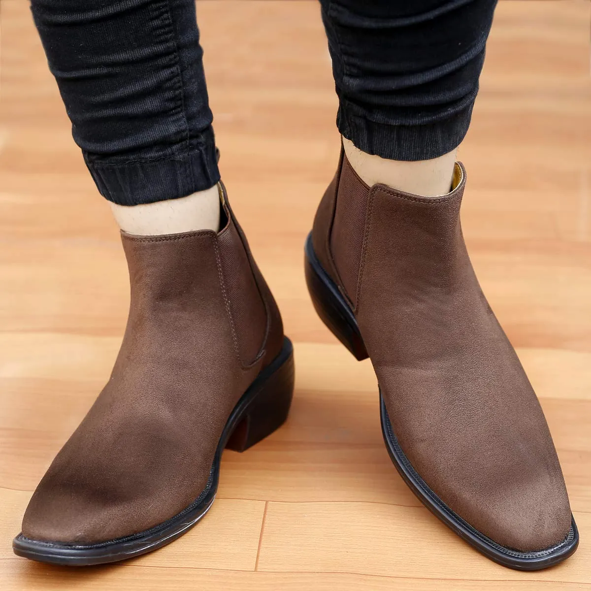 Height Increasing Suede Material Brown Casual Chelsea Boots For Men-JonasParamount