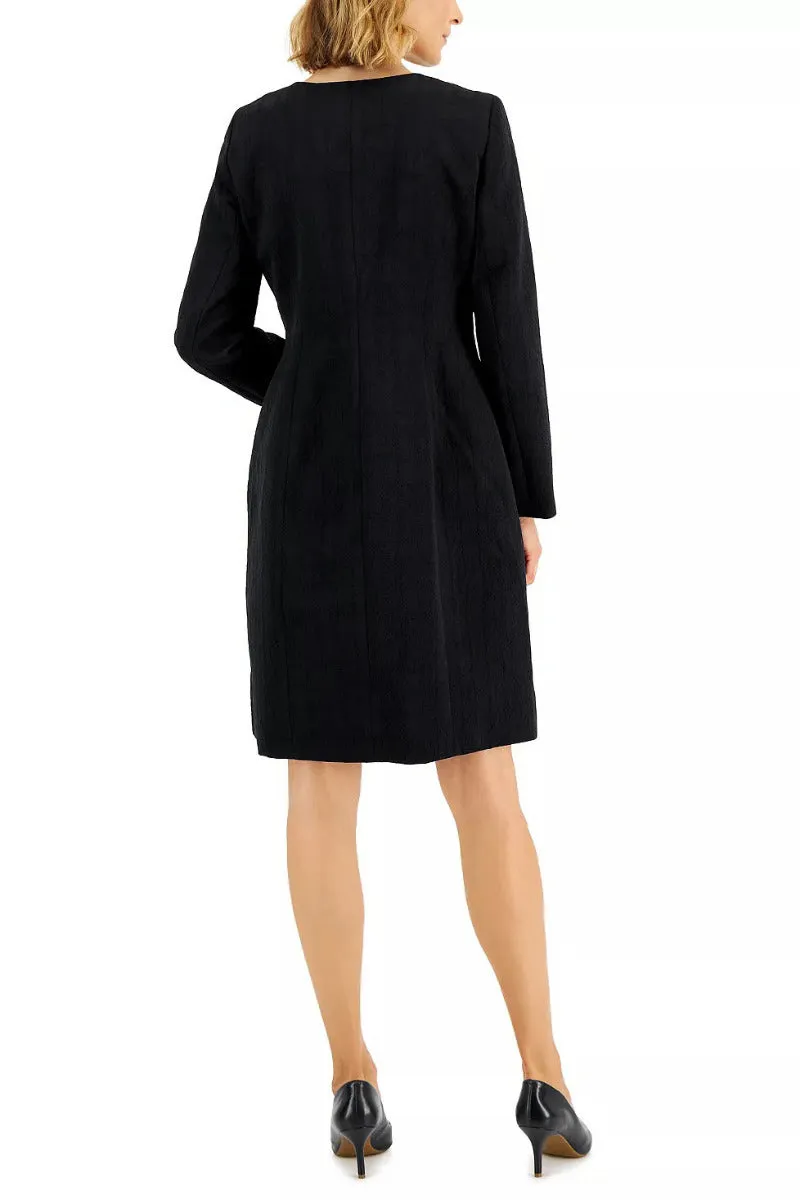 Le Suit Sleeveless Boat Neck Zipper Back Jacquard Dress with Collarless Hook & Eye Closure Jacket 2 Piece Set