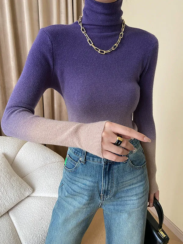 Long Sleeves Skinny Gradient High-Neck Pullovers Sweater Tops