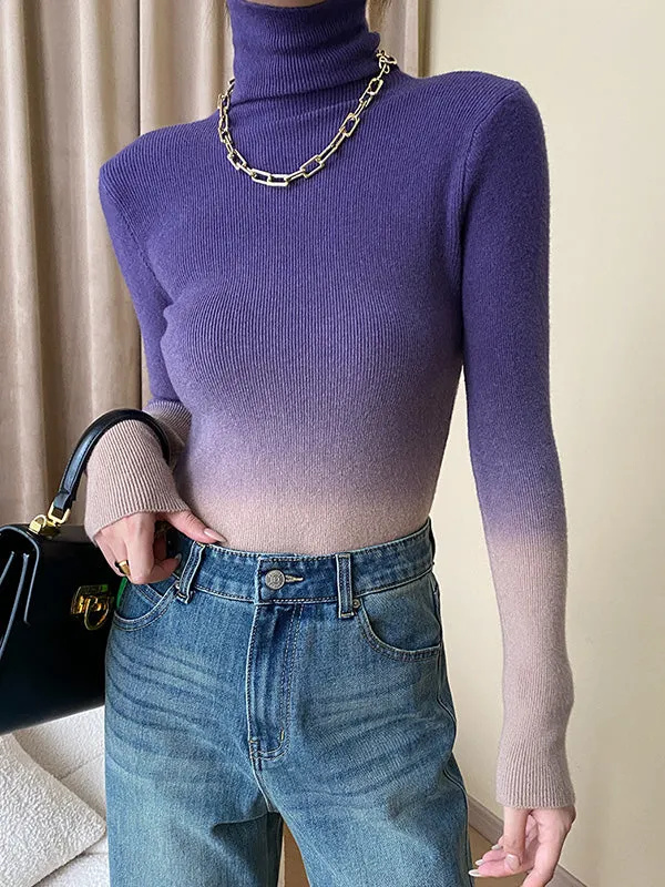 Long Sleeves Skinny Gradient High-Neck Pullovers Sweater Tops