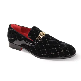 Mens Black Gold Diamond Quilted Velvet Slip-On Dress Shoes After Midnight 7045