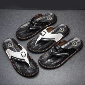 Men's Flip Flops Leather Luxury Slippers Beach Casual