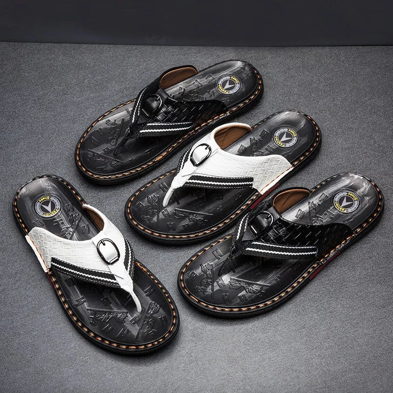 Men's Flip Flops Leather Luxury Slippers Beach Casual