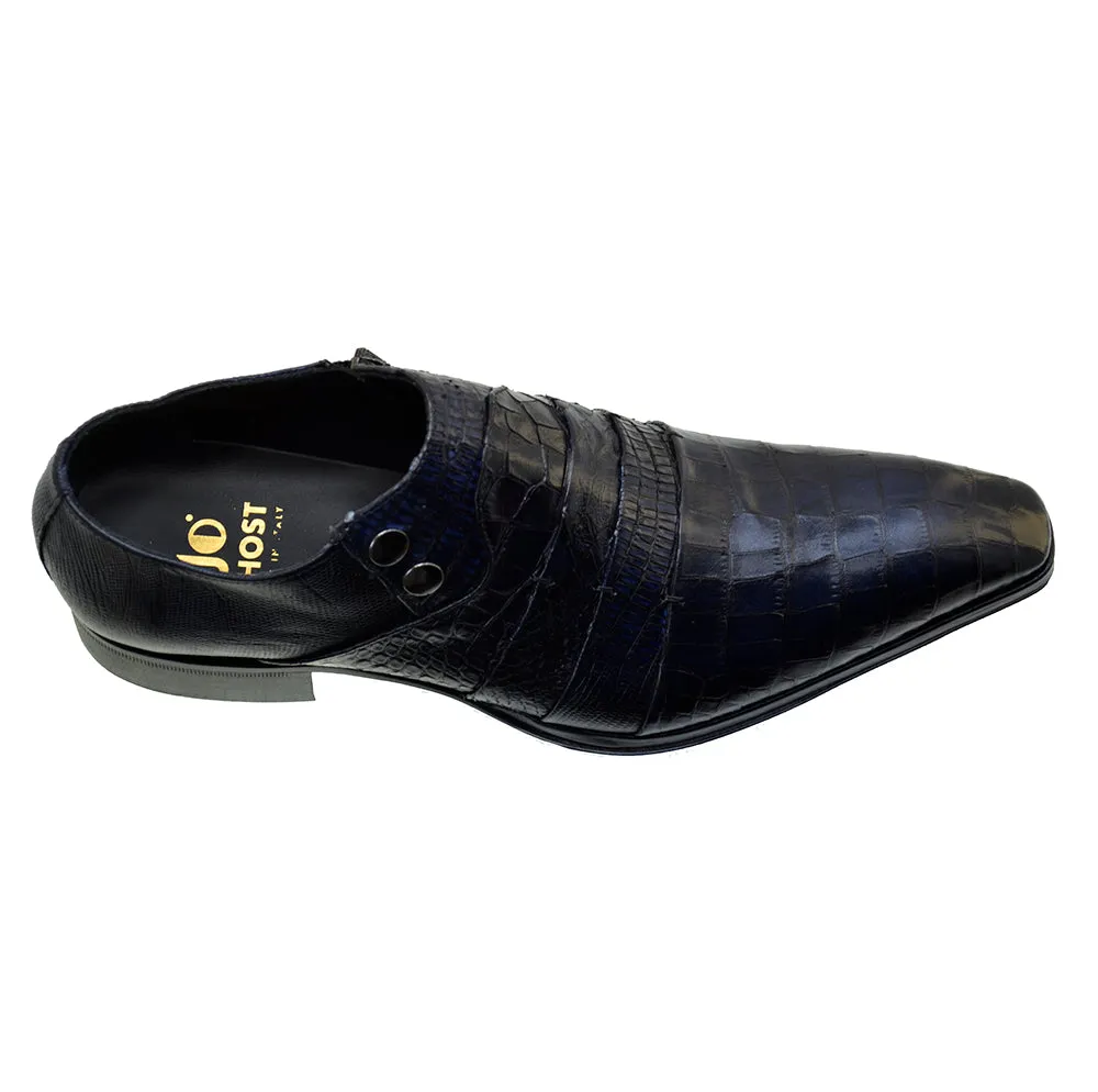 Men's Italian Dress Shoes Jo Ghost 1831 Navy Blue Leather Print Crocodile