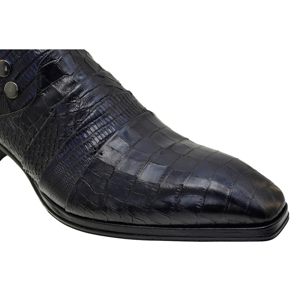 Men's Italian Dress Shoes Jo Ghost 1831 Navy Blue Leather Print Crocodile