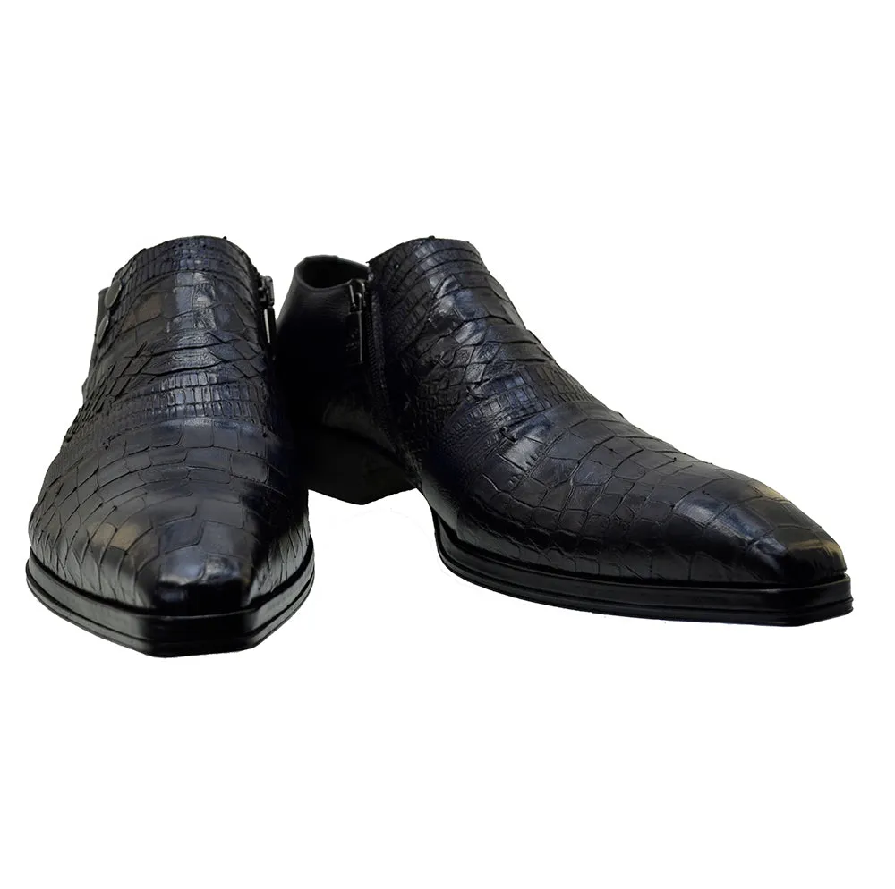 Men's Italian Dress Shoes Jo Ghost 1831 Navy Blue Leather Print Crocodile