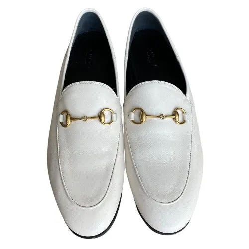 NEW GUCCI Brixton White Leather Horsebit Loafers, Size 40