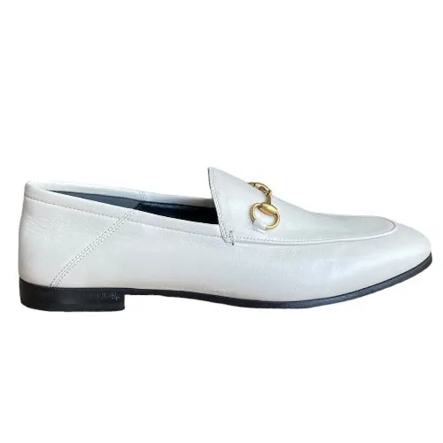 NEW GUCCI Brixton White Leather Horsebit Loafers, Size 40