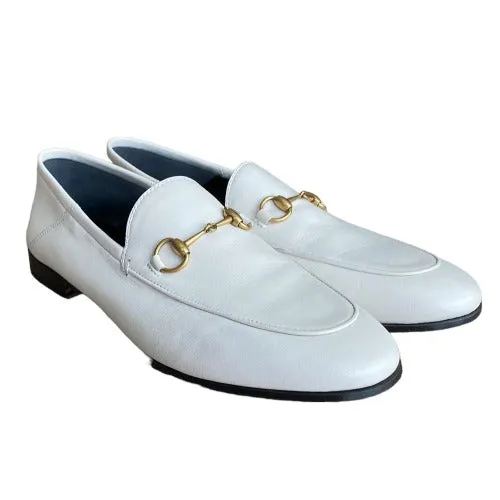NEW GUCCI Brixton White Leather Horsebit Loafers, Size 40