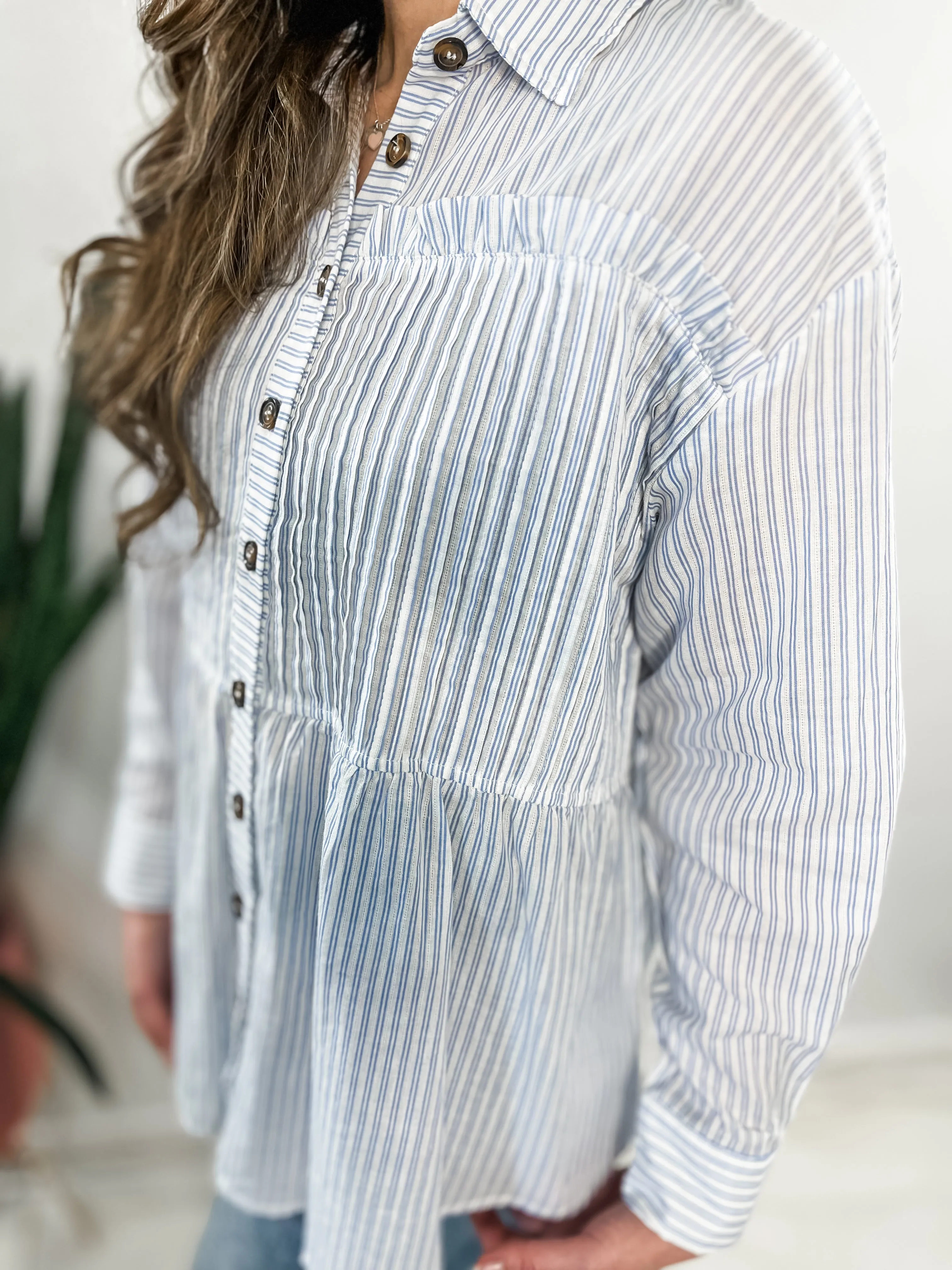 Relaxed Blue Stripe Button Down Top