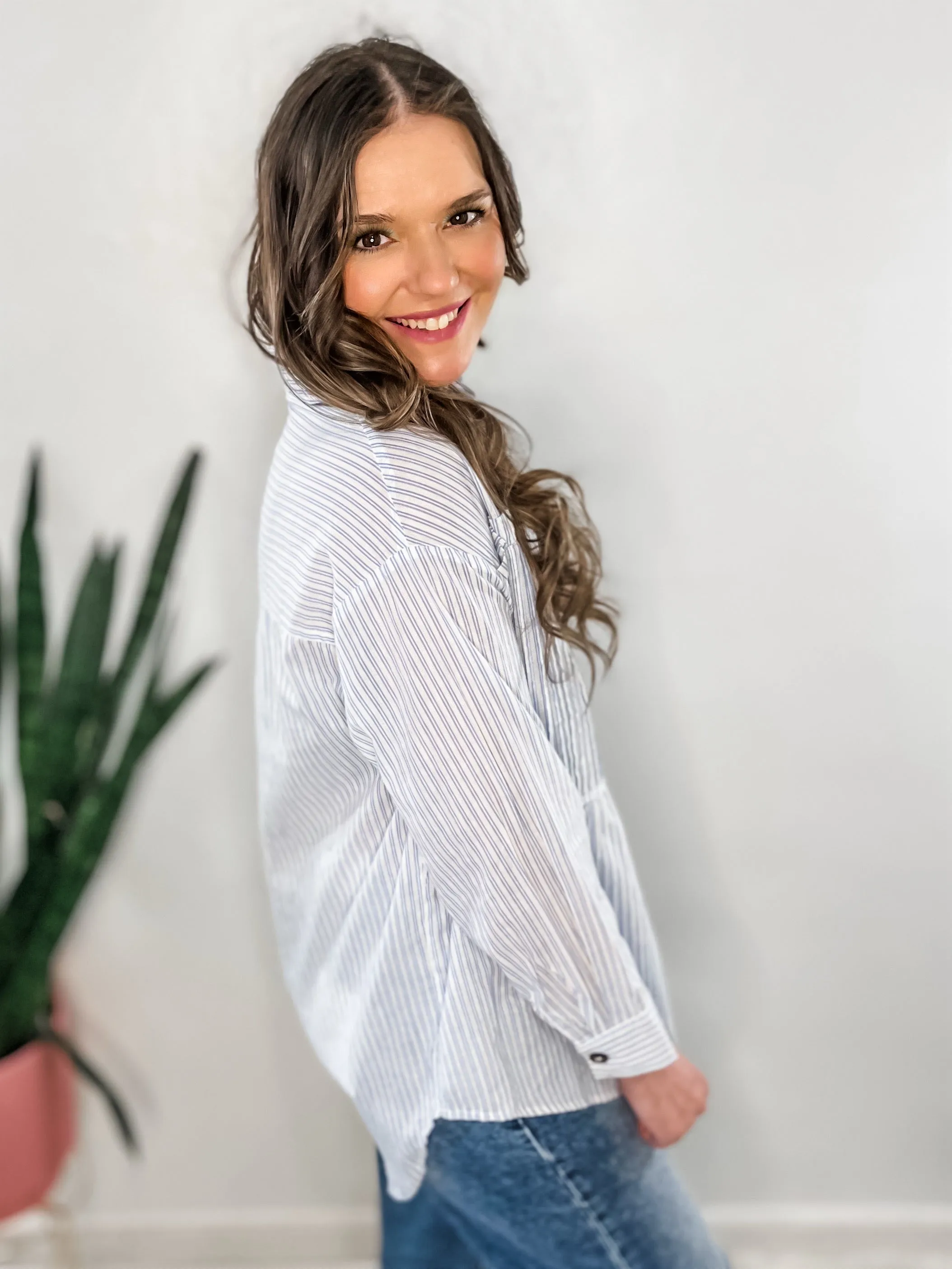 Relaxed Blue Stripe Button Down Top
