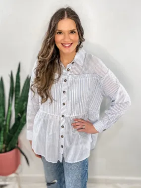 Relaxed Blue Stripe Button Down Top