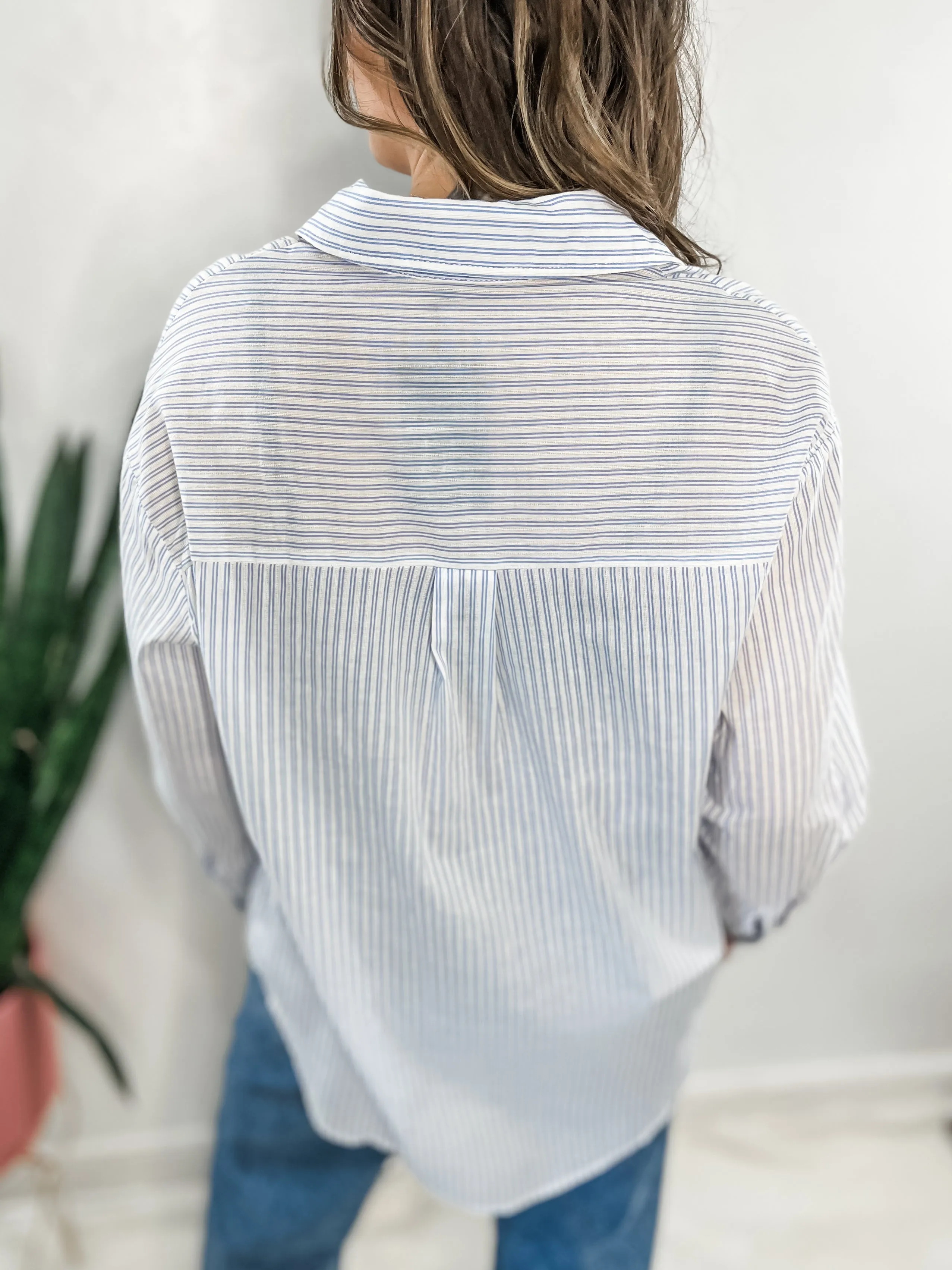 Relaxed Blue Stripe Button Down Top