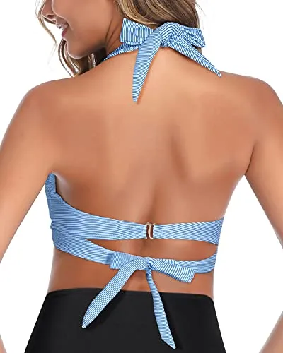 Retro Padded Push Up Halter Bikini Top-Blue White Stripe