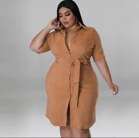 Short Sleeve Button Dwn Shrt Dres-Lt Brown