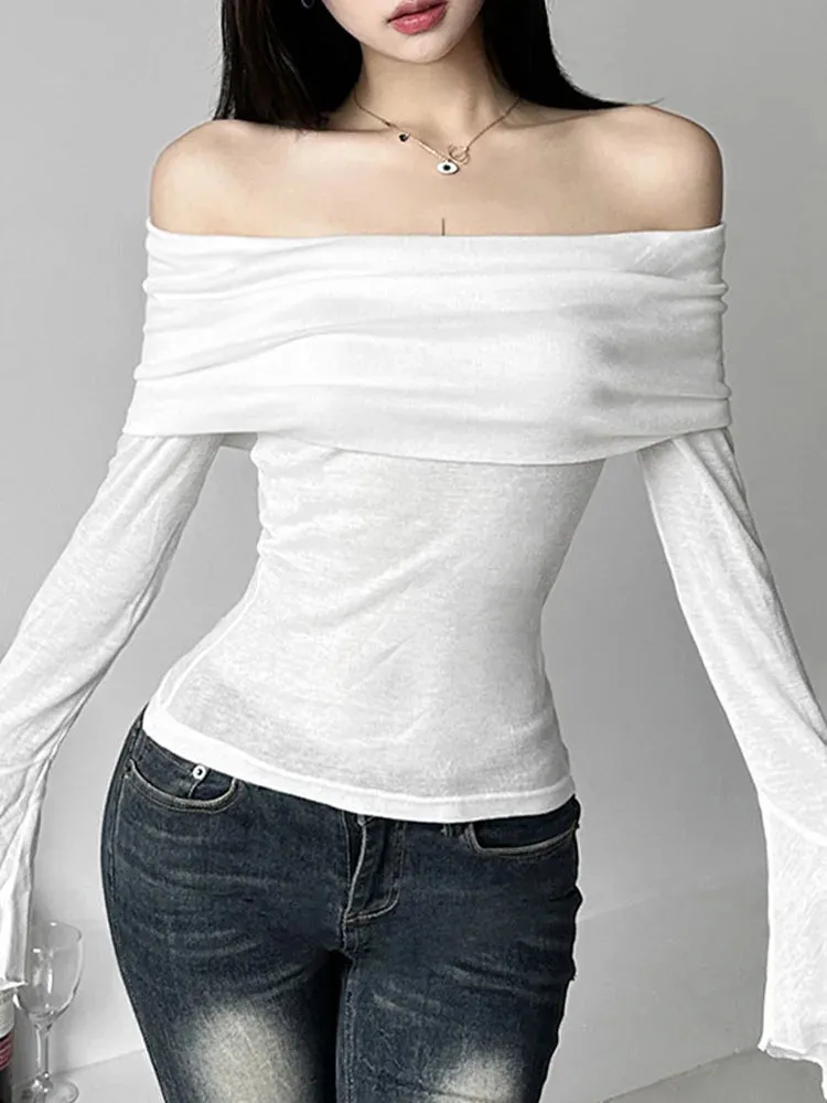 Stylish Long Sleeve Tee with Slash Neck