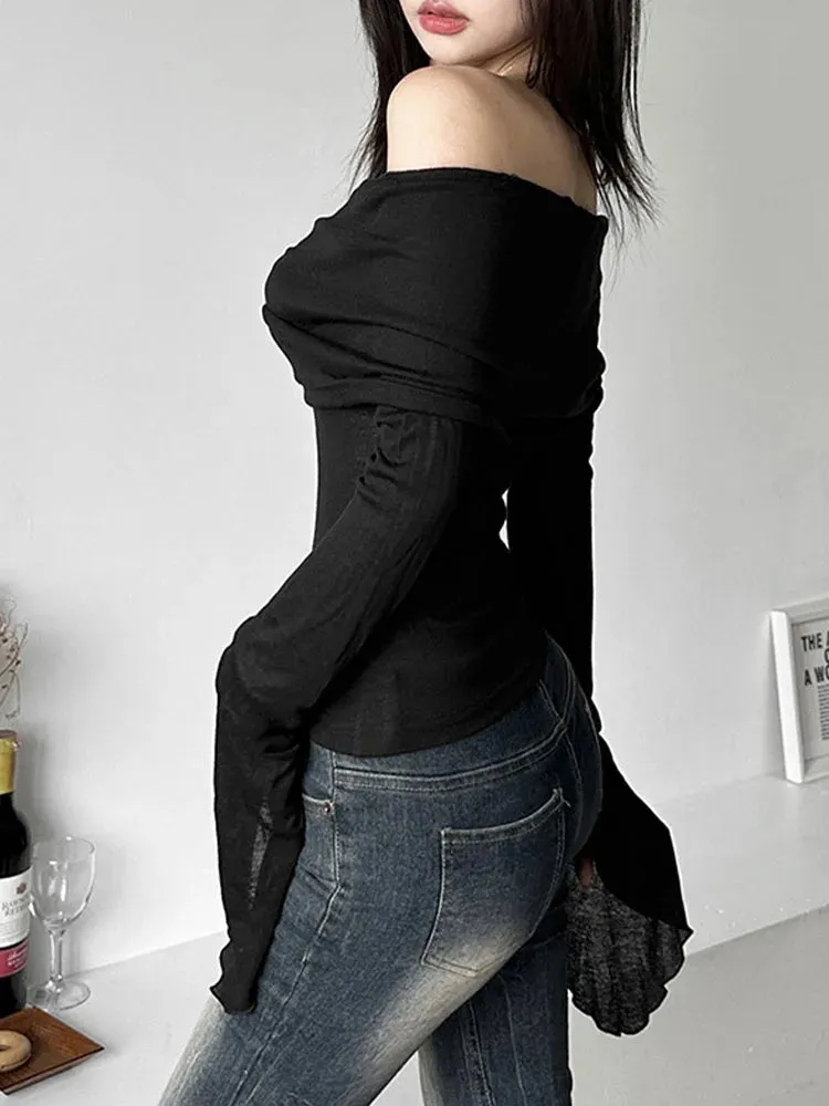 Stylish Long Sleeve Tee with Slash Neck