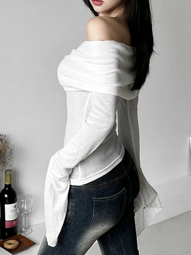 Stylish Long Sleeve Tee with Slash Neck