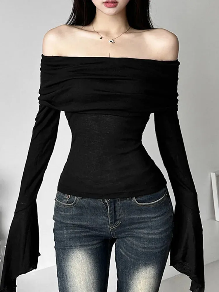 Stylish Long Sleeve Tee with Slash Neck