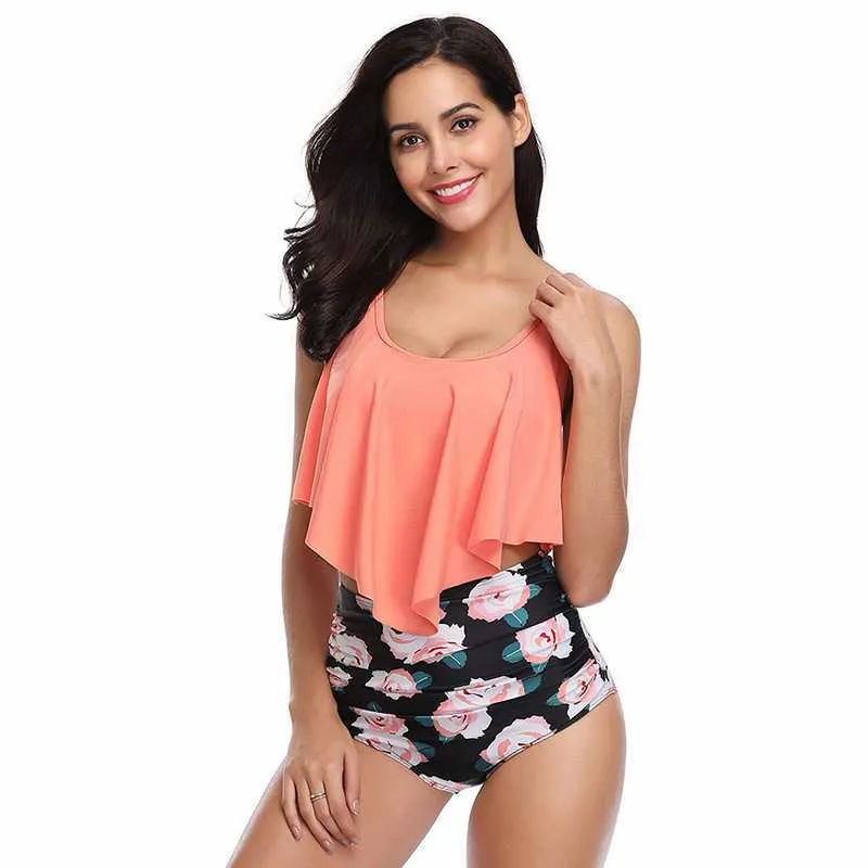 Upopby U-neck Ruffled Two-piece Swimsuit High Waist Bikini