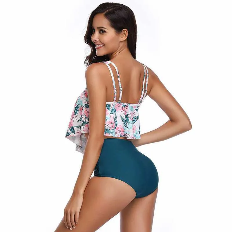 Upopby U-neck Ruffled Two-piece Swimsuit High Waist Bikini