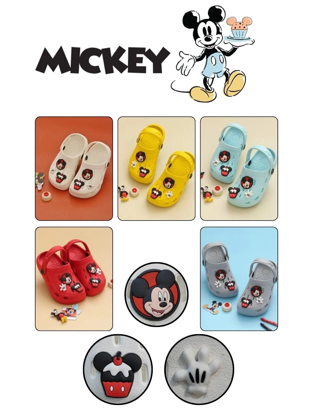 Yellow Bee Boys’ Disney Mickey Mouse Clogs with Gloves & Cupcake Charms – Grey